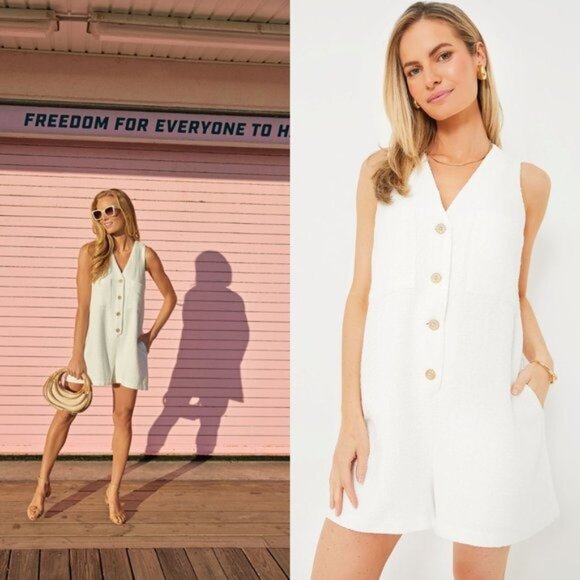 Tuckernuck NEW White Textured Tweed V Neck Myla Minimalist Romper - Picture 2 of 10